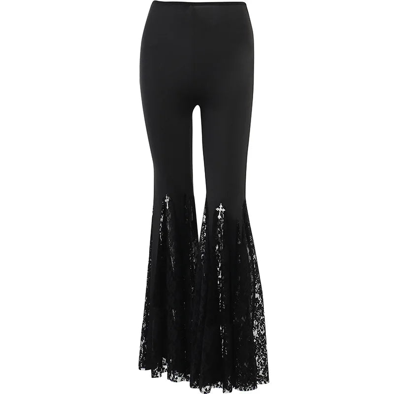Goth Mall Flare Pants Sexy Black Lace Patchwork High Waist Vintage Harajuku Hippie Punk Grunge Streetwear Y2k Pants