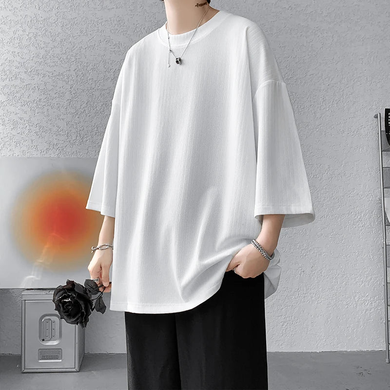 Loose Tshirt Men Oversized Ice Silk T Shirts 2024 Summer Mens Half Sleeve Fashions Harajuku T-Shirt Male Solid Simple Daily Tees