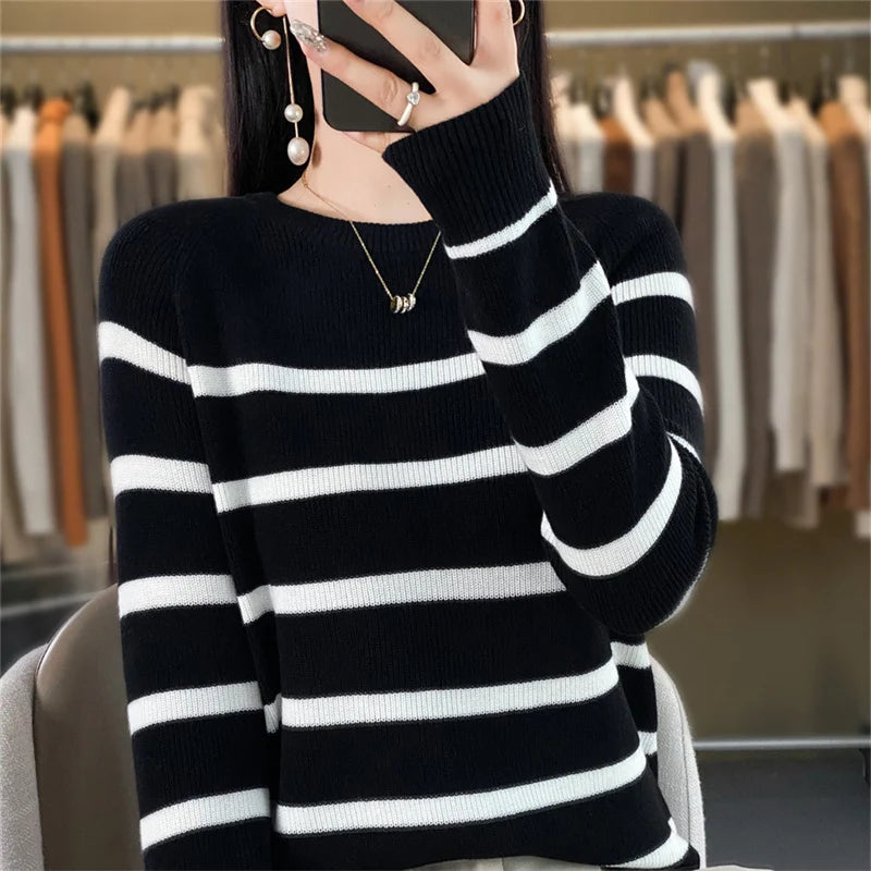 Women's boutique high-end round neck sweater knitted cashmere sweater Women's color matching pullover Long sleeved new cashmere