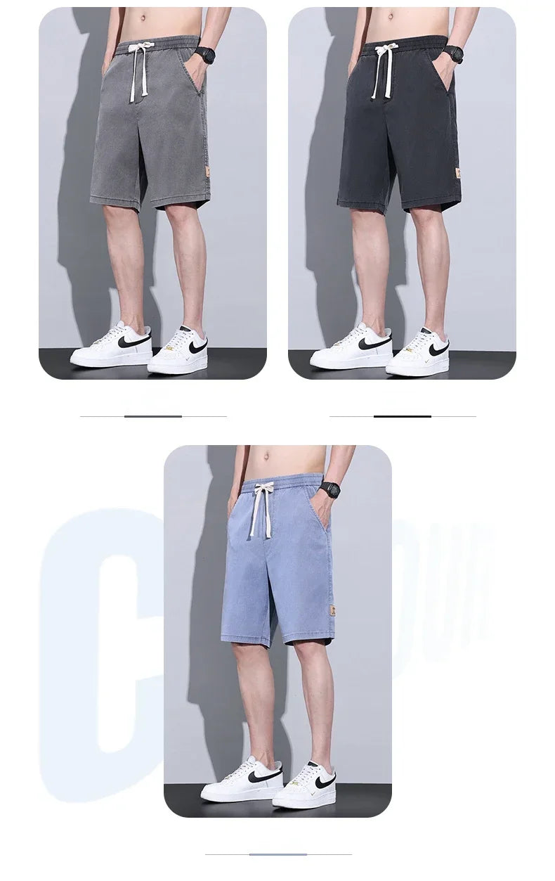 Soft Cosy Lyocell Thin Men's Denim Shorts Summer Clothes Loose Pants Drawstring Elastic Waist Korea Casual Short Plus Size M-5XL