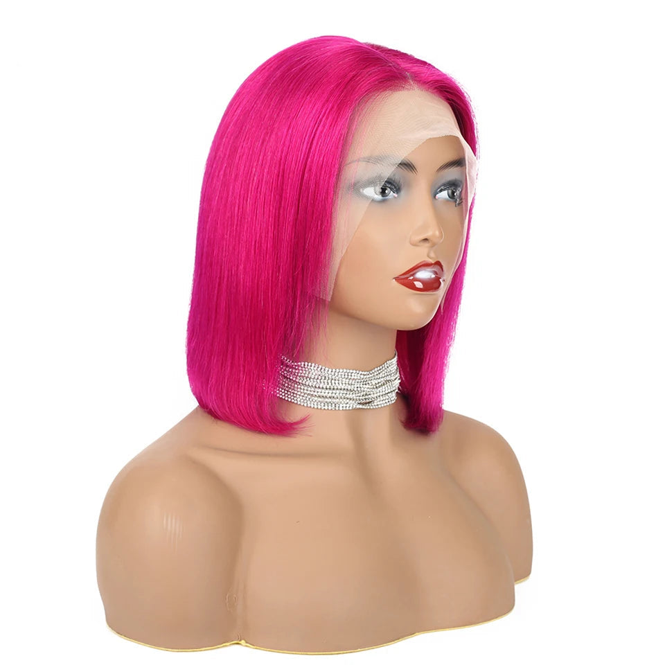 Hot Pink Short Bob Lace Front Wigs Brazilian Human Hair Wigs 13x4 HD Transparent Lace Frontal Wig Colored Double Drawn Bob Wig