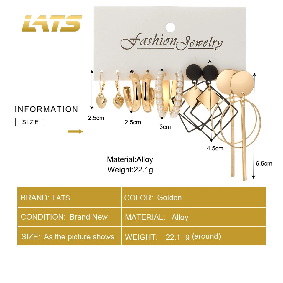 LATS Vintage Geometric Earrings Set for Women Punk Pearl Dangle Drop Earring 2022 Female's Earrings Set Trend Jewelry Gifts