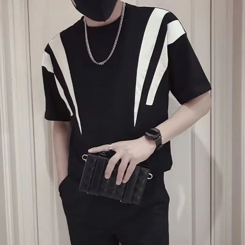 Summer New Fashion Simple Men Short Sleeve T-shirt Korean Contrasting Loose New Round Neck Patchwork Casual Versatile Thin Tops