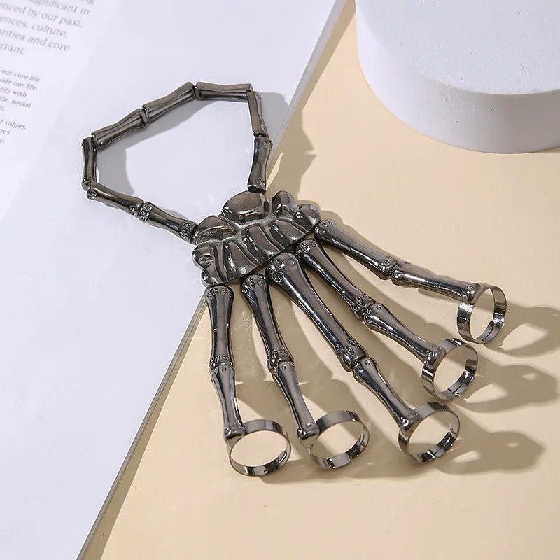 Skeleton Hand Bracelet Bangle Halloween Wristband Skull Fingers Metal Skeleton Hand Bracelet With Ring Hand Halloween Jewelry
