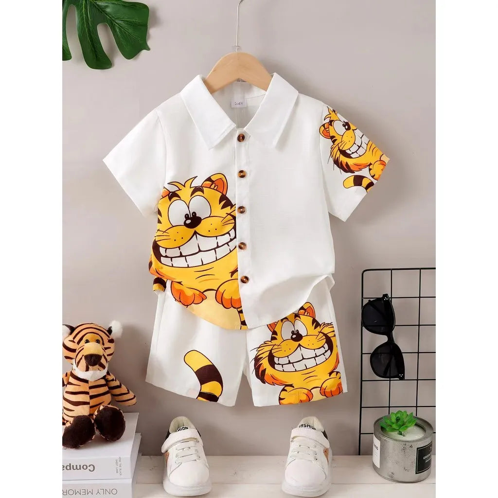 1-6 Years Kids Boy 2PCS Clothes Set Cartoon Cute Tiger Short Sleeve Shirt+Shorts Fashion Style Suit Child Birthday Party Outfits