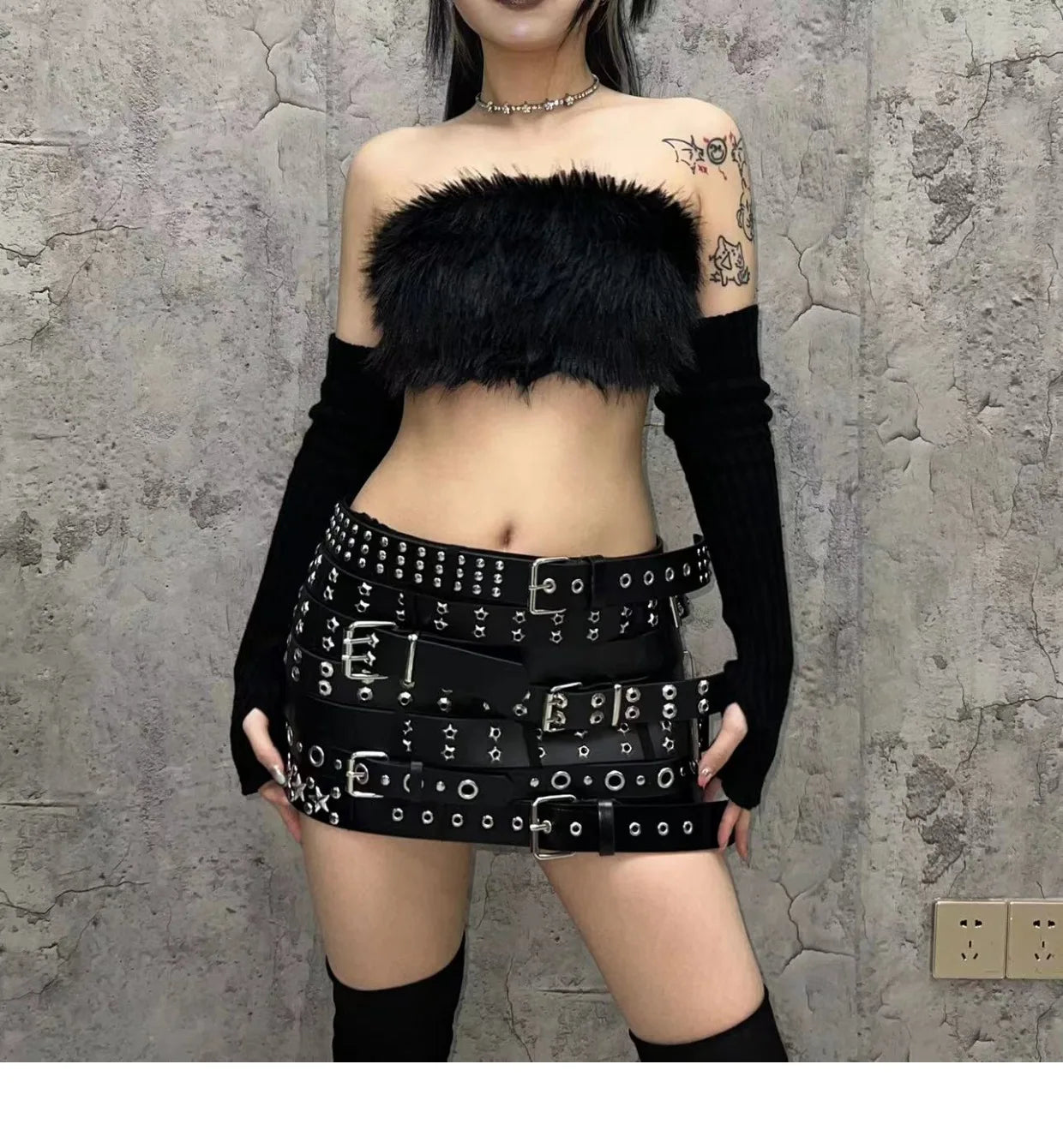 Lautaro Spring Cool Black Pu Leather Mini Skirt Women with Many Belt Low Waist Luxury Designer Steampunk Clothes Streetwear 2025