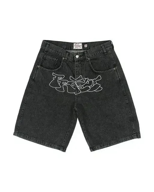 American Retro Denim Shorts Y2K Jeans Harajuku Hip Hop Cartoon Embroidery Retro Baggy Shorts Low Waist Sports Basketball Shorts