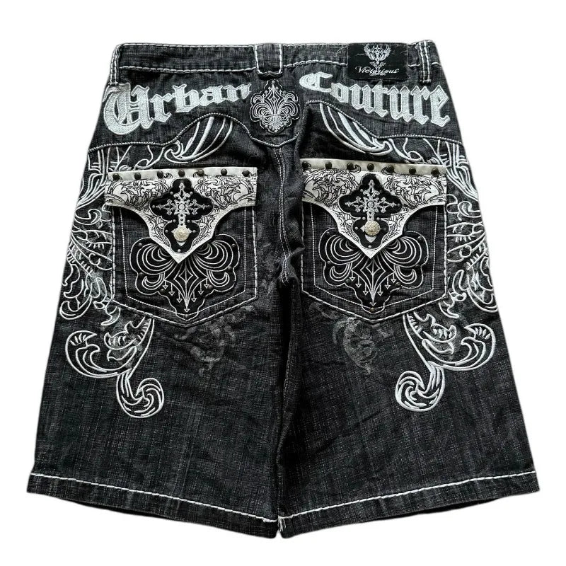 2025 American New Fashion Letter Embroidery Printing Casual Denim Shorts MenY2K Gothic Harajuku Popular Joker Denim Shorts