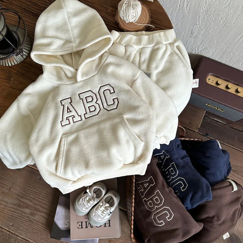 MILANCEL Winter Kids Clothing set Fur Lining Boys Hoodie Set Hooded Sweasthirt And Pants 2Pcs Track Suit