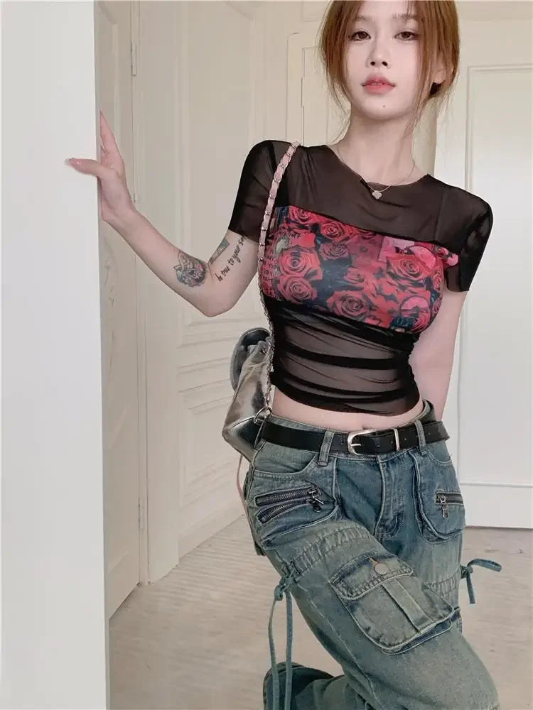 Summer Outfit Woman Tops Sexy Crop T Shirt for Women Y2k Fashion Korea Sale 90s Vintage Polyester Clothes Youthful Harajuku Kpop