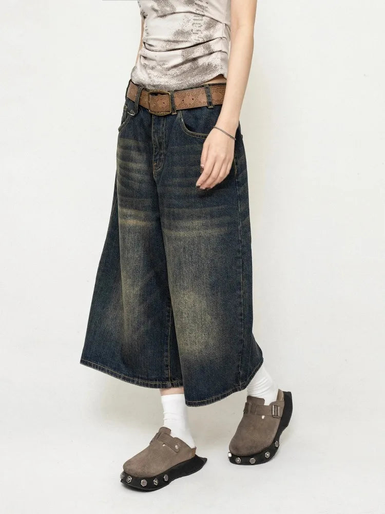 Harajuku Vintage High Waist Black Retro Washed Denim Shorts Women's Fashion Casual Loose Fit Y2K Streetwear Mid Long Short
