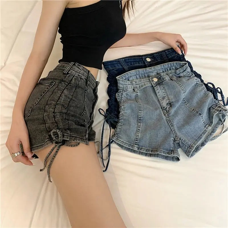 Sexy Skinny Women's High Waist Denim Shorts Fashion Clothing 2025 Streetwear Summer Drawstring Lace-up Female Short Jeans Pants