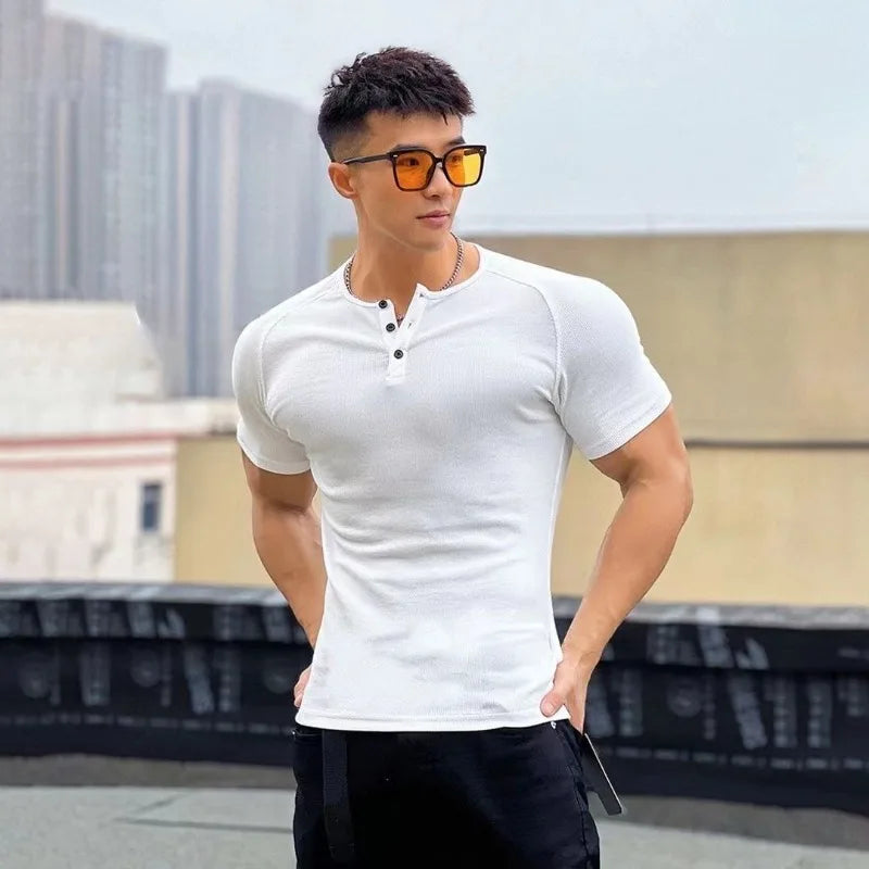 Men's T-shirt Summer Running Sports Fitness Clothes Muscle Slim Fit Short Sleeve Half Button O-neck Pullover Casual Short Sleeve