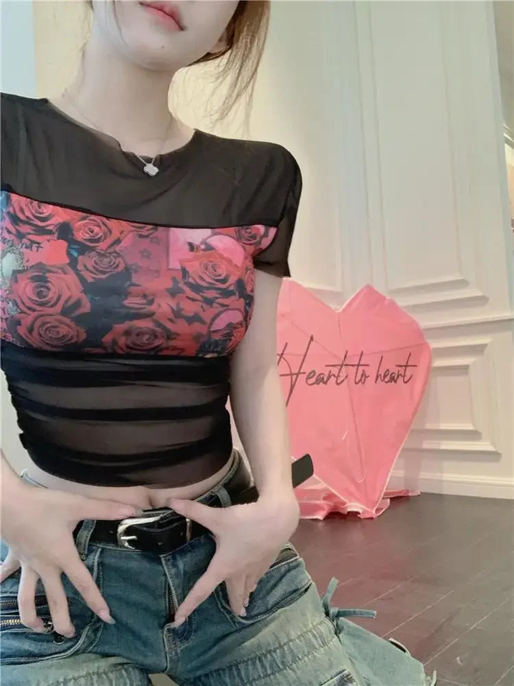 Summer Outfit Woman Tops Sexy Crop T Shirt for Women Y2k Fashion Korea Sale 90s Vintage Polyester Clothes Youthful Harajuku Kpop
