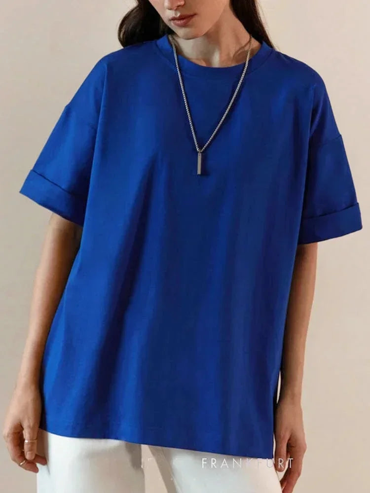 Summer Women's T-shirt Short Sleeve 100 % Cotton Oversized T-shirts Loose Casual O Neck Solid Blue Orange Tees Clothes for Women