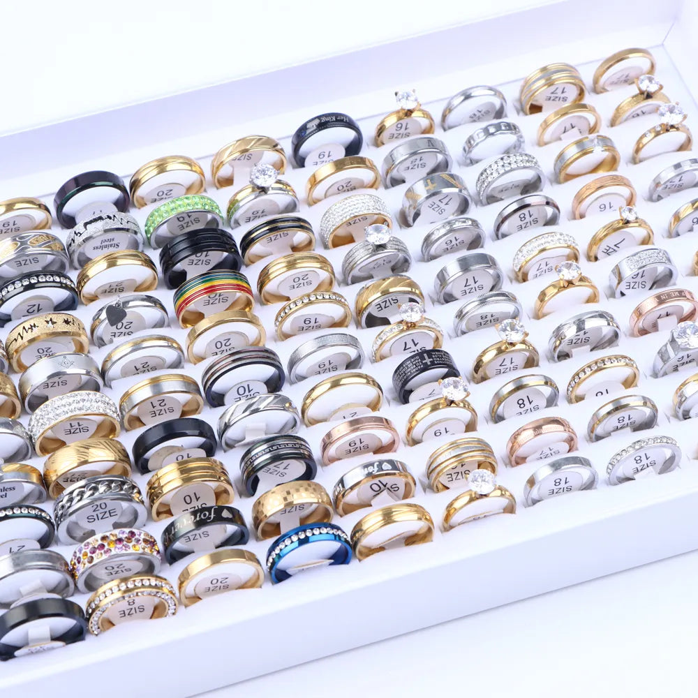 10/20Pcs/Lot Fashion Classic Stripe Stainless Steel Ring For Women Men Zircon Crystal Spinner Punk Spikes Jewelry Gift Mix Style