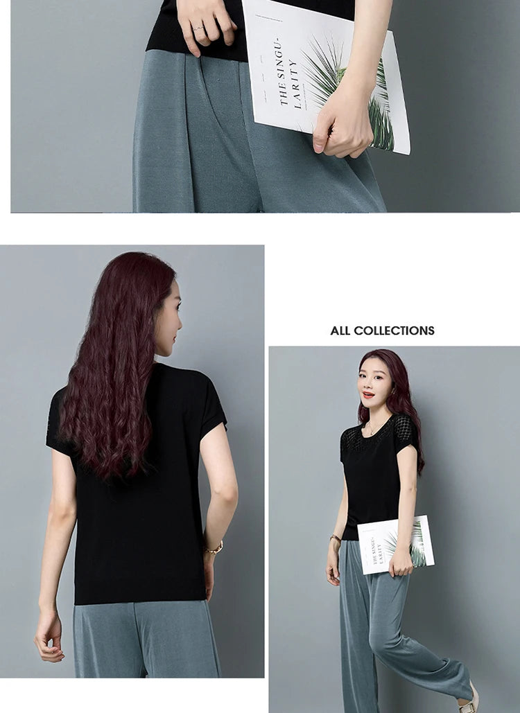 2024 Summer Ladies Knitted Top Short Sleeve Tshirt Hollow Out T Shirt Women Loose Elegant Tee Shirt Femme Casual Clothes T-shirt