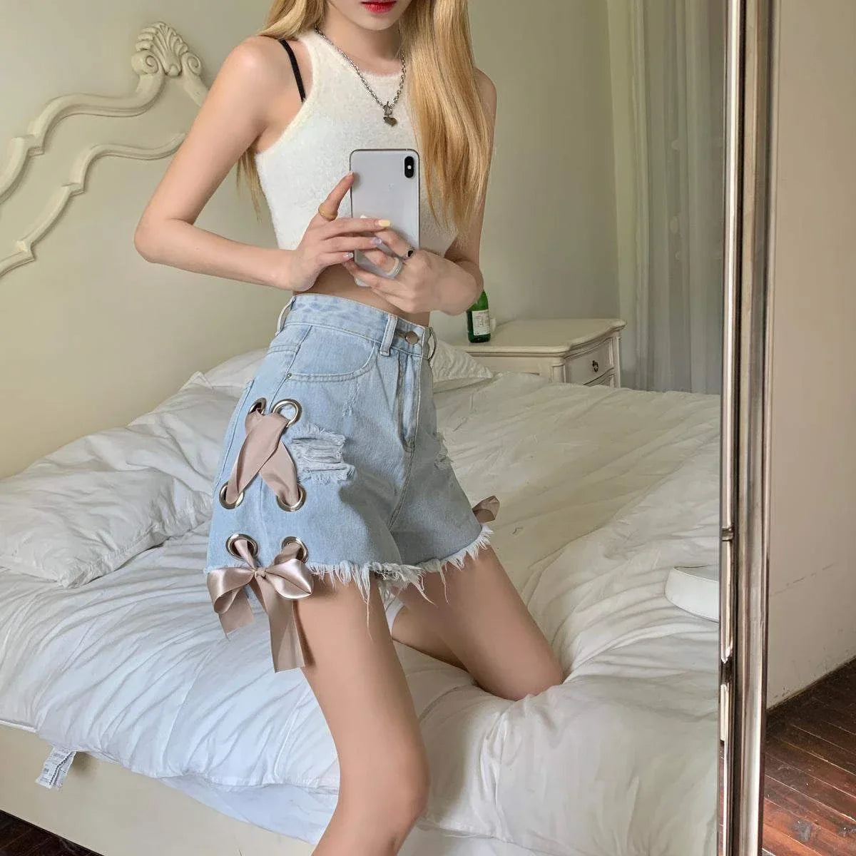 Short Jean Pants Woman Ripped Wide Denim Shorts for Women Stretchy Elasticty Flowy Jorts Summer 2000s Clothes Y2k Hot Streetwear