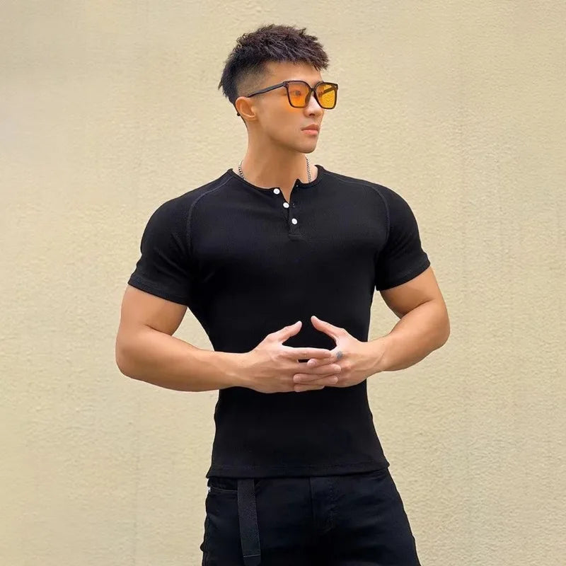 Men's T-shirt Summer Running Sports Fitness Clothes Muscle Slim Fit Short Sleeve Half Button O-neck Pullover Casual Short Sleeve