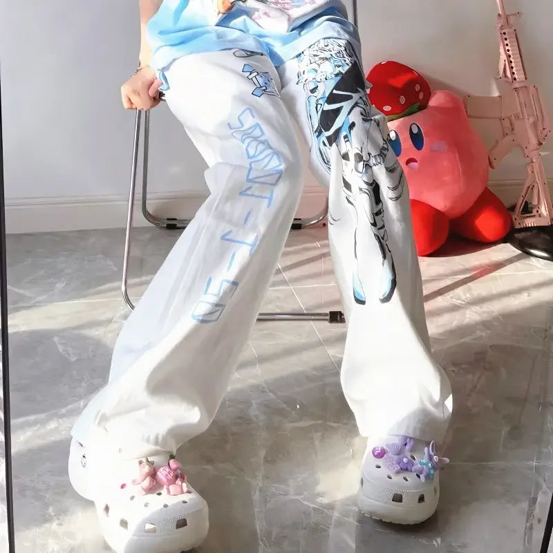 Y2K Anime Print White Pants Women Harajuku Manga Subculture Wide Leg Trousers Japanese Style Kawaii Cartoon Sweatpants