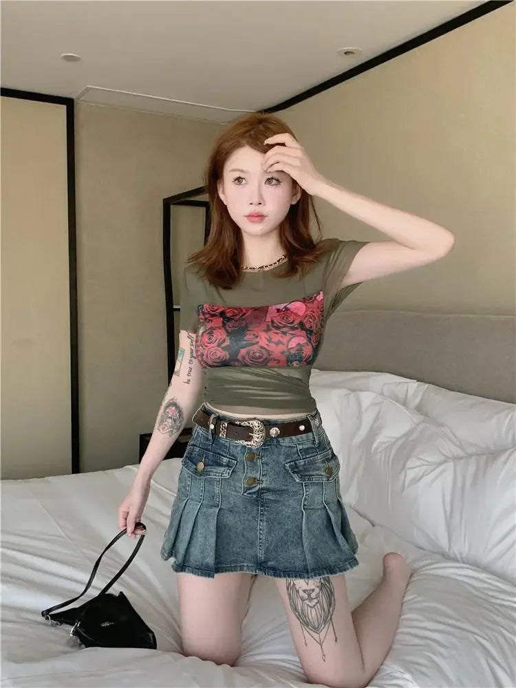 Summer Outfit Woman Tops Sexy Crop T Shirt for Women Y2k Fashion Korea Sale 90s Vintage Polyester Clothes Youthful Harajuku Kpop