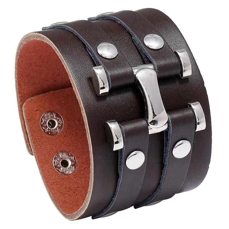 New Vintage Leather Wristband Bracelet Cuff Goth Metal Armbands Concealed Buckle Adjustable Gothic Punk Bracelets Men Jewelry