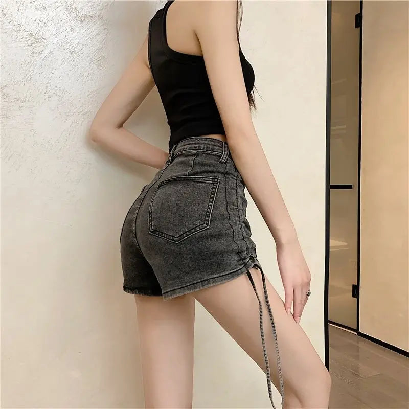 Sexy Skinny Women's High Waist Denim Shorts Fashion Clothing 2025 Streetwear Summer Drawstring Lace-up Female Short Jeans Pants