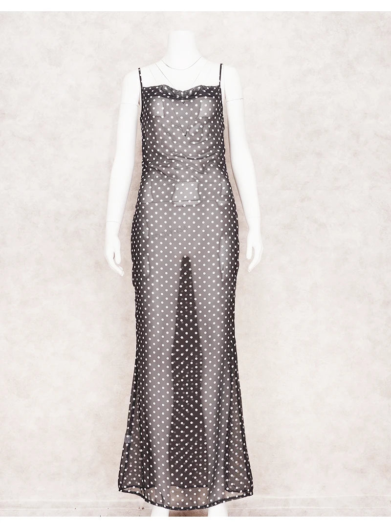 2025 Black Fashion Polka Dots Sundress Sexy See Through Spaghetti Strap Maxi Dress Women Summer Clothes Party Slip Dresses A1259