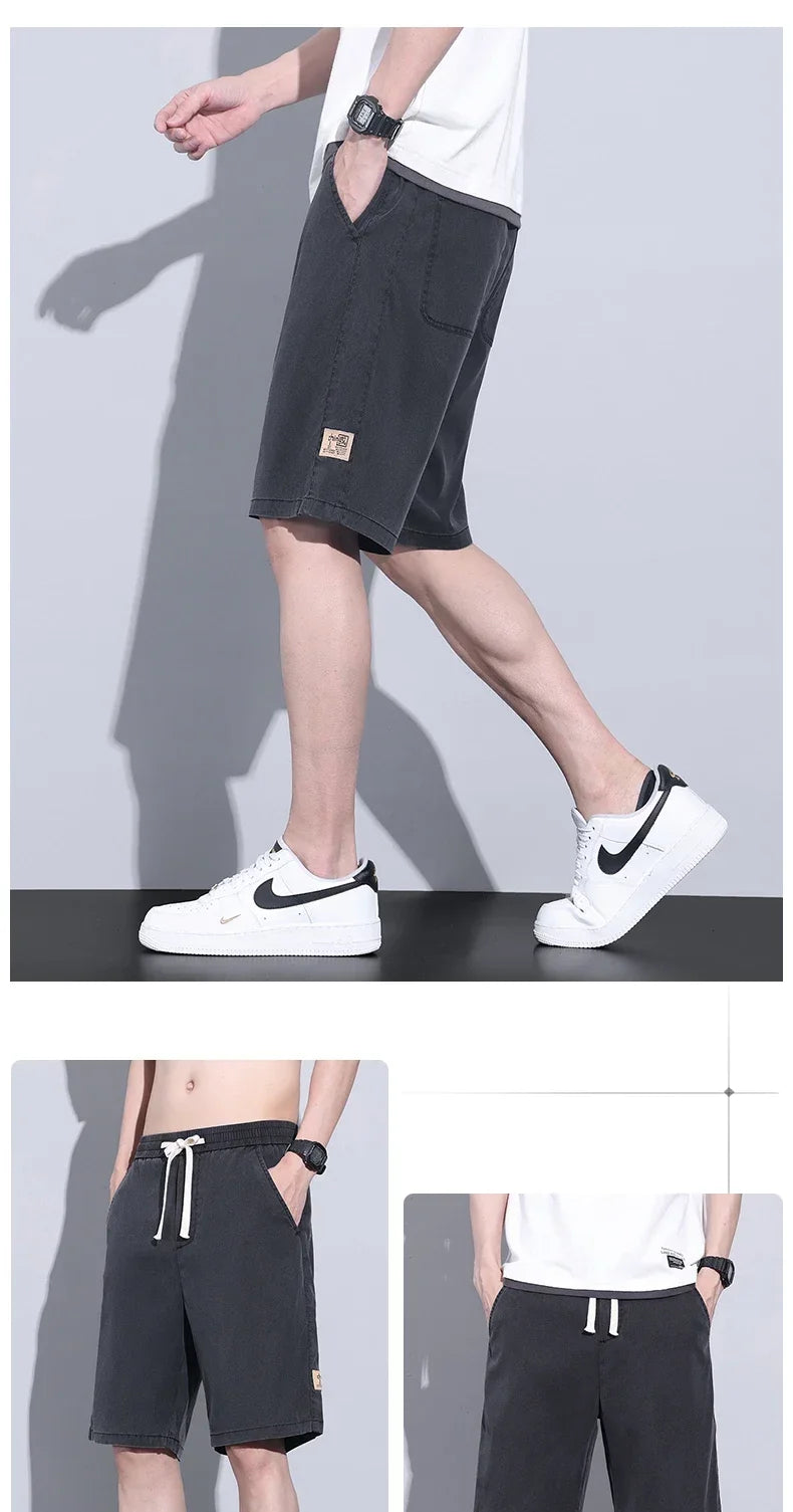 Soft Cosy Lyocell Thin Men's Denim Shorts Summer Clothes Loose Pants Drawstring Elastic Waist Korea Casual Short Plus Size M-5XL