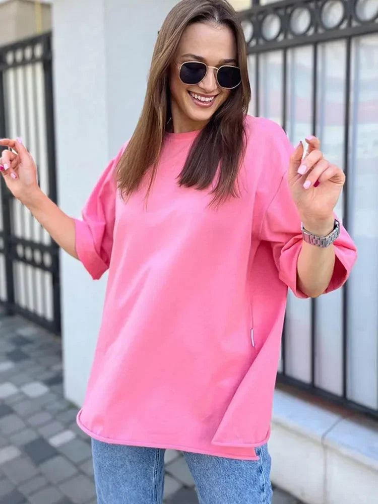Summer Women's T-shirt Short Sleeve 100 % Cotton Oversized T-shirts Loose Casual O Neck Solid Blue Orange Tees Clothes for Women