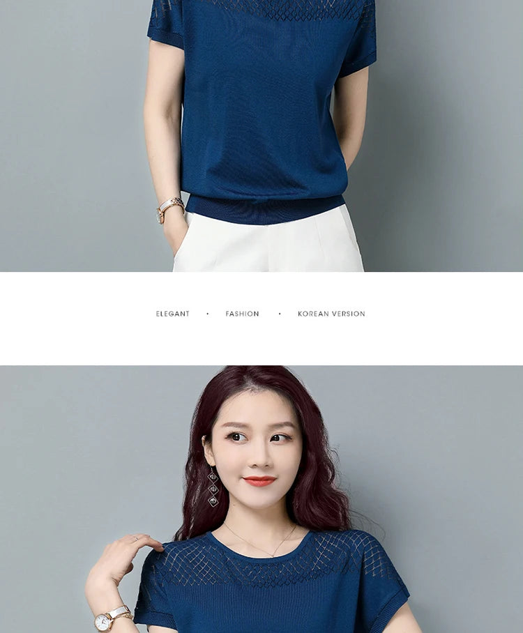 2024 Summer Ladies Knitted Top Short Sleeve Tshirt Hollow Out T Shirt Women Loose Elegant Tee Shirt Femme Casual Clothes T-shirt