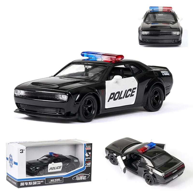 1/36 Diecast Alloy Police Car Models Challenger 2 Doors Opened With Pull Back Function Metal Sports Cars Model For Children Toys