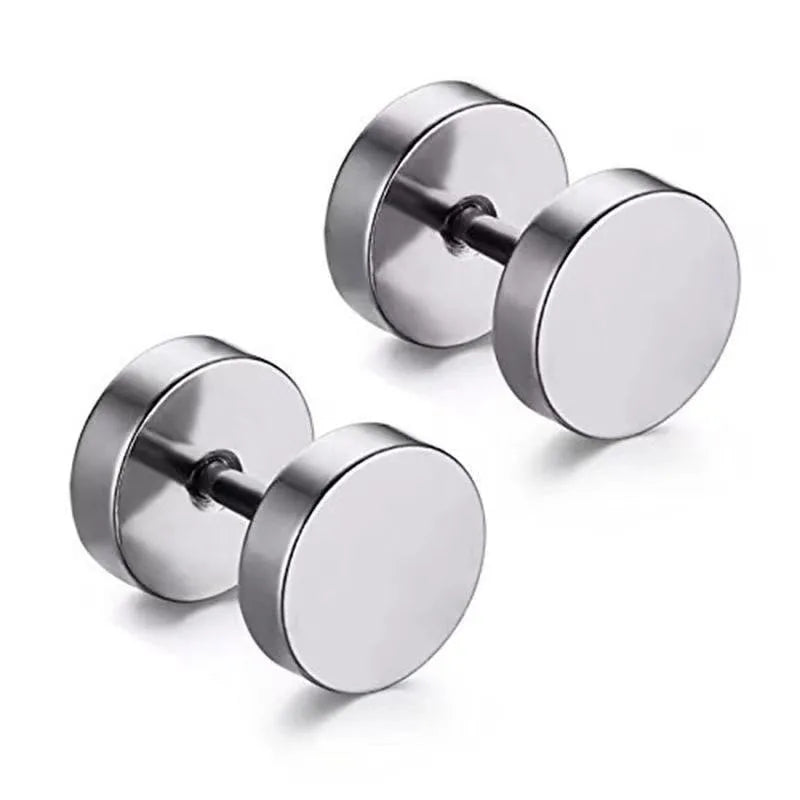 2Pcs Man Women Barbell Punk Gothic Stainless Steel Earring Studs, Black Silver Color Ear Piercing Jewelry