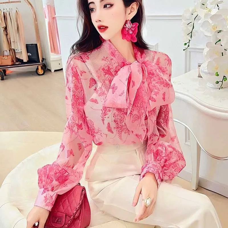 Elegant V-Neck Lantern Sleeve Lace Up Bow Blouses Women's Clothing 2024 Spring Summer New Loose Korean Tops Office Lady Shirts