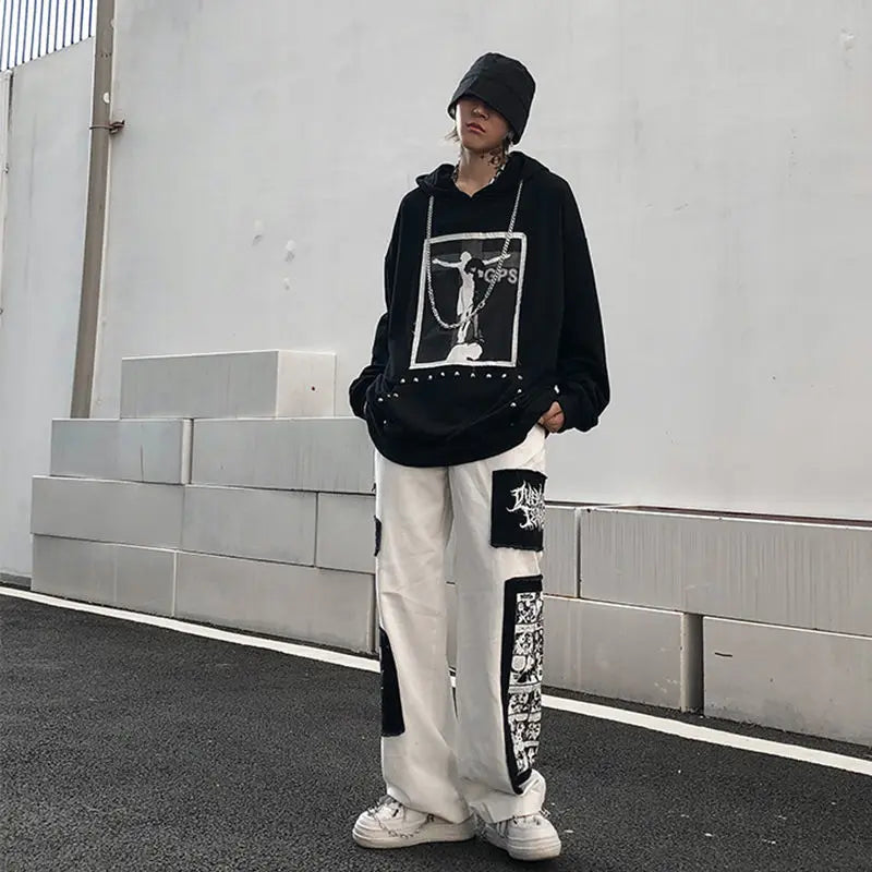 Gothic Punk Cargo Pants Anime Patch Pants for Men Women High Waist Black Trousers Wide-leg Casual Pant Harajuku Y2k Male Bottoms