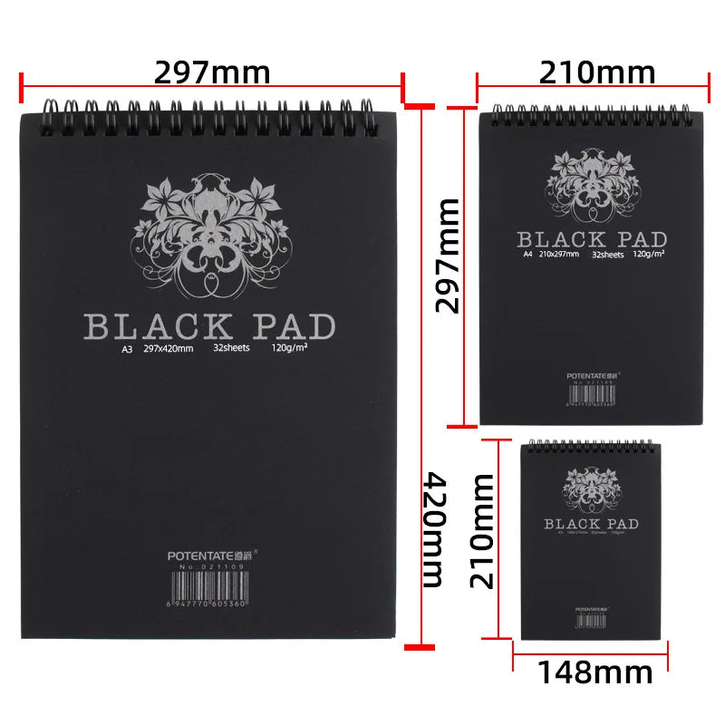 32 Sheets A4/A5 Black Paper Sketch Drawing Pad 120GSM Spiral Bound Sketchbook for Colored Pencils, Graphite, Charcoal, Pastels