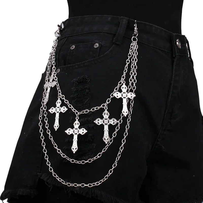 Punk Metal Cross Rivet Layered Chain Keychains for Men Women Waist Key Chain Wallet Jeans Hip-hop Pants Belt Jewelry Accessories