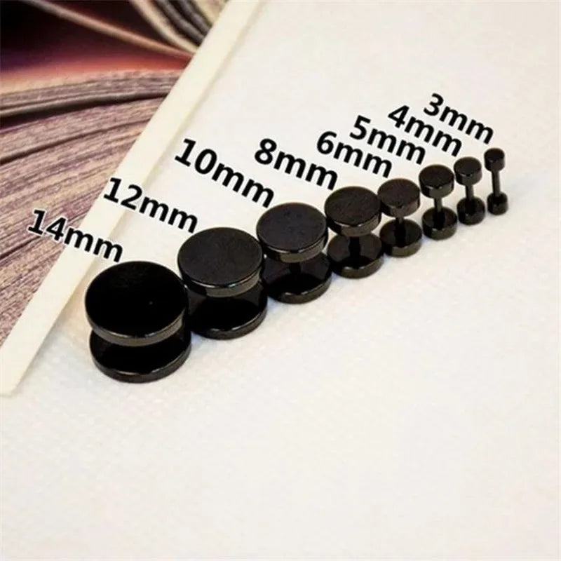 2Pcs Man Women Barbell Punk Gothic Stainless Steel Earring Studs, Black Silver Color Ear Piercing Jewelry
