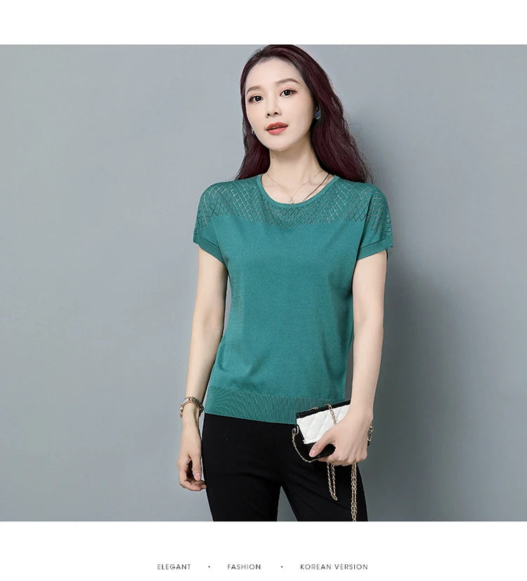 2024 Summer Ladies Knitted Top Short Sleeve Tshirt Hollow Out T Shirt Women Loose Elegant Tee Shirt Femme Casual Clothes T-shirt