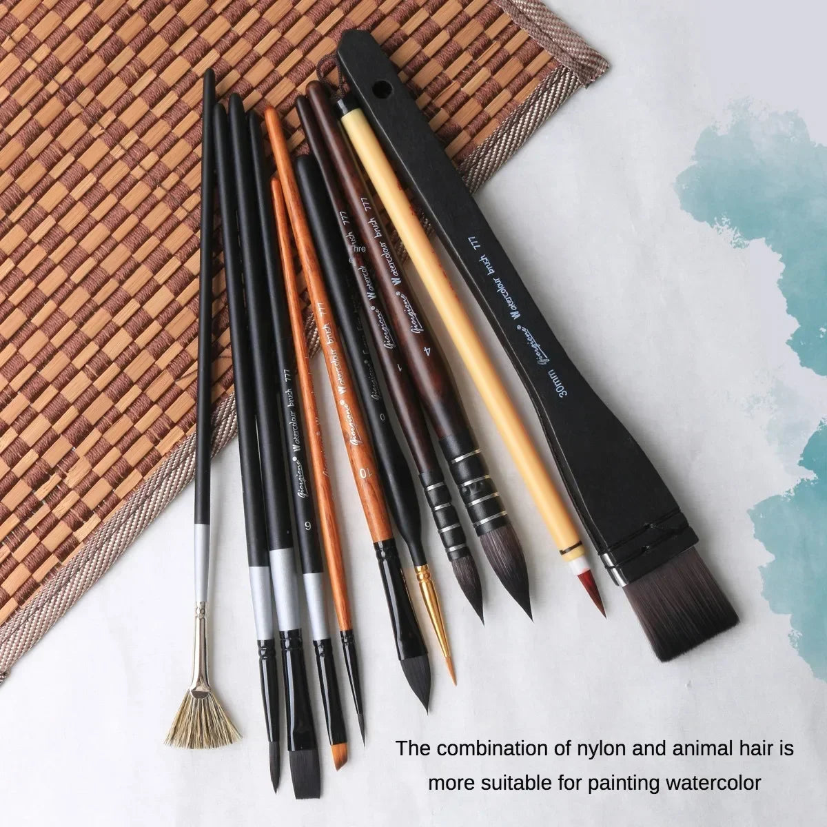 11 Pcs Animal Hair Brush Bamboo Curtain Set Nylon Hair Watercolor Fan-shaped Pigment Board Brush Professional Grade Paintbrush