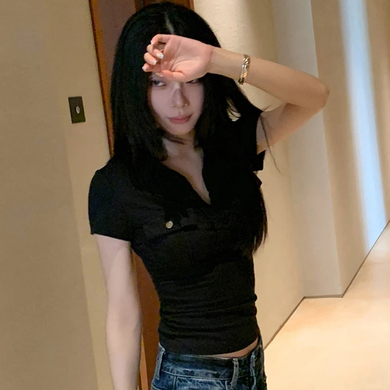 Tawaaiw Casual Pocket T-shirt Woman Clothes Short Sleeve Turn-down Collar Korean Fashion 2000s Clothes Y2k Summer Tops Tees