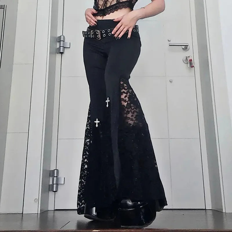 Goth Mall Flare Pants Sexy Black Lace Patchwork High Waist Vintage Harajuku Hippie Punk Grunge Streetwear Y2k Pants