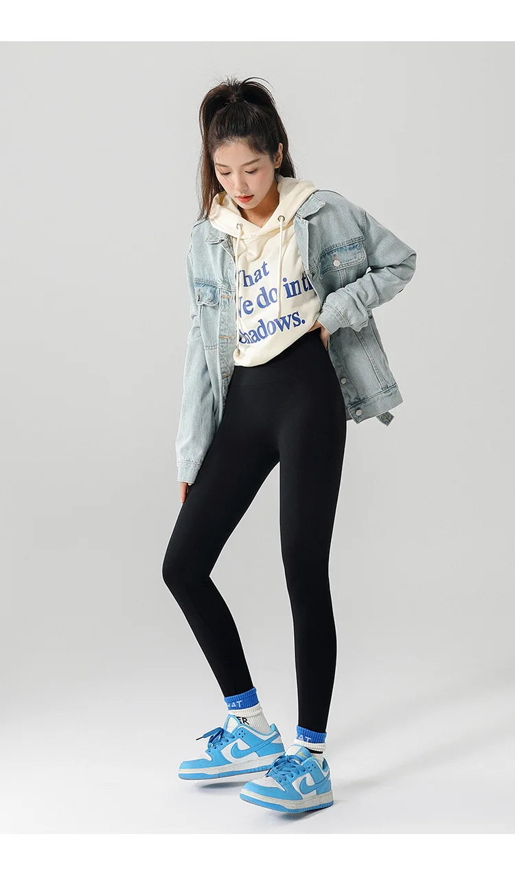 Women's Autumn Winter Thickened Alpaca Velvet Black Shark Leggings High Waist Slim Seamless Fleece Warm Leggings