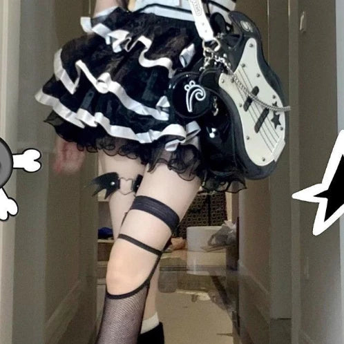 Y2k Dark Gothic Punk Black White Short Skirt Women Hot Chick Y2k Polka Dot Ruffle Cake Skirt Female Cute Chic Lolita Lace Skirts