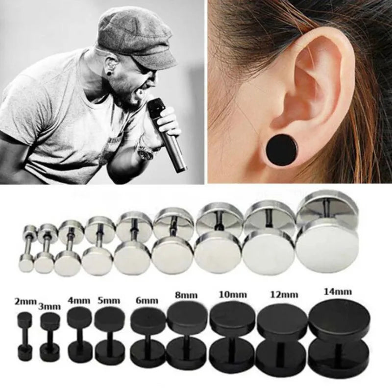 2Pcs Man Women Barbell Punk Gothic Stainless Steel Earring Studs, Black Silver Color Ear Piercing Jewelry
