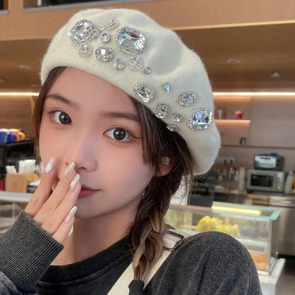 French Beret Thick Rhinestone Decor Brimless Thermal Decor Wool Artist French Style Painter Hat Women Headwear