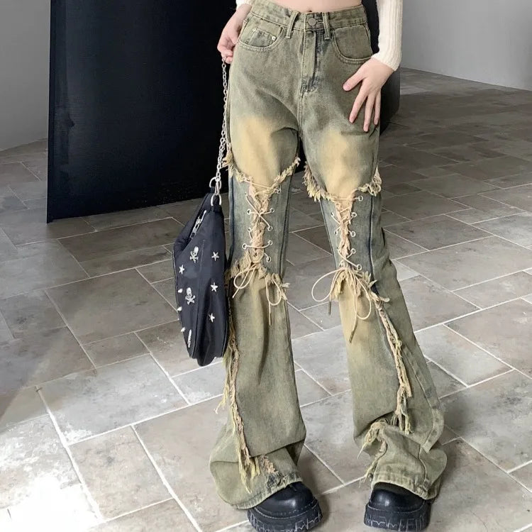 Oversize American Retro Straight Casual Pants Y2k Grunge High Waist Loose Wide Leg 2025 New Bell Bottom Jeans Women