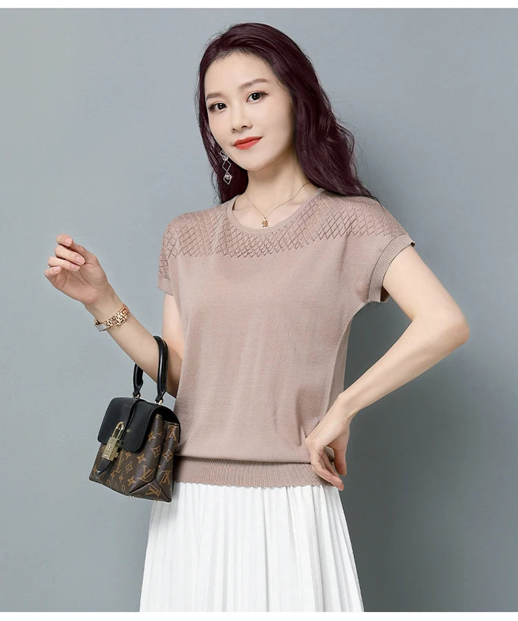2024 Summer Ladies Knitted Top Short Sleeve Tshirt Hollow Out T Shirt Women Loose Elegant Tee Shirt Femme Casual Clothes T-shirt