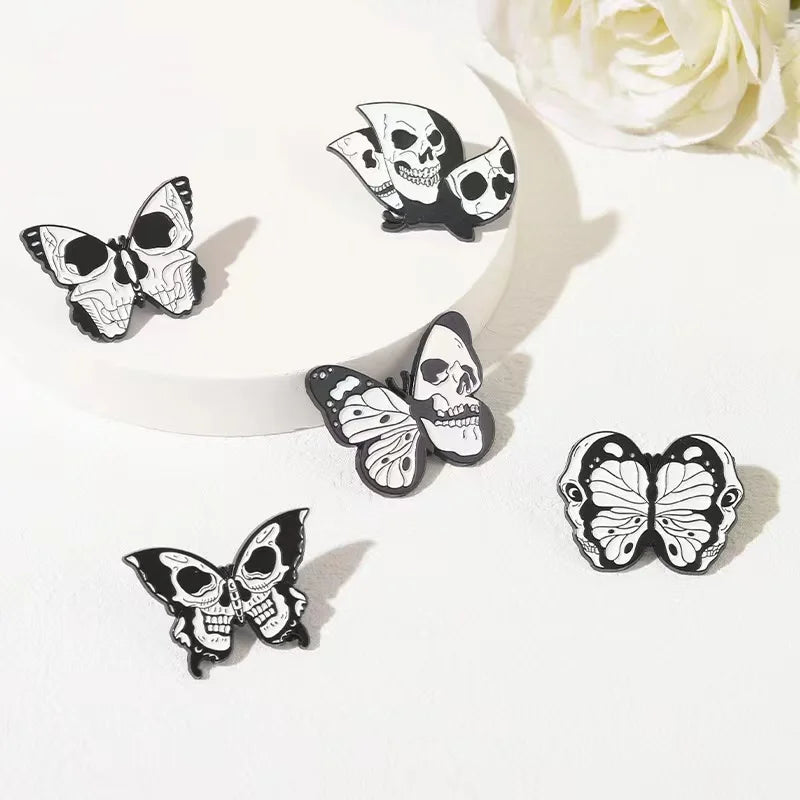 Custom Skeleton Butterfly Enamel Pins Black Skull Gothic Punk Lapel Clothes Badges Brooches Backpack Jewelry Gifts For Friends