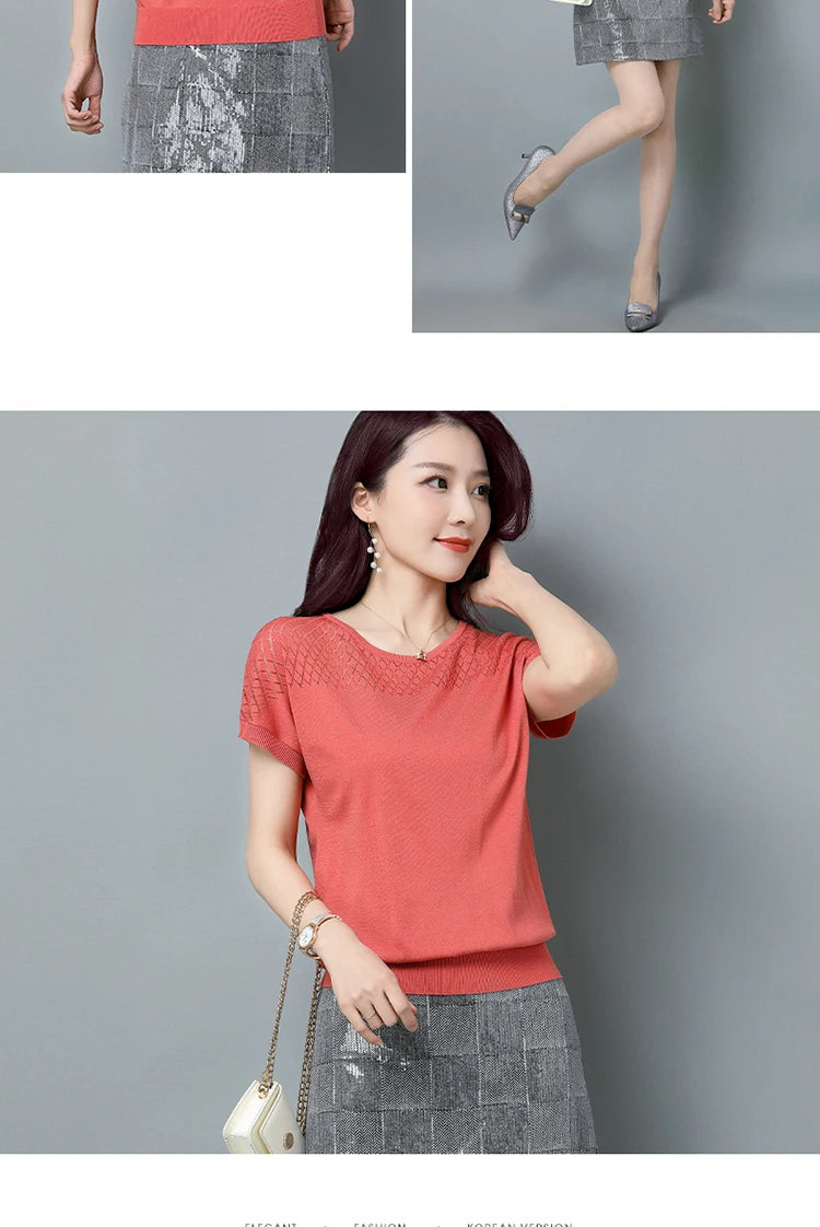 2024 Summer Ladies Knitted Top Short Sleeve Tshirt Hollow Out T Shirt Women Loose Elegant Tee Shirt Femme Casual Clothes T-shirt